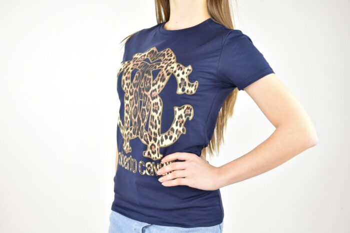 ROBERTO CAVALLI t-shirt blu con stampa animalier Abbigliamento