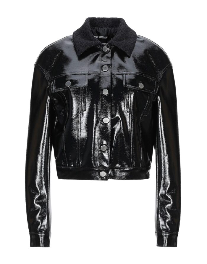PINKO giacca chiodo nero in vernice con colletto Montoncino Abbigliamento