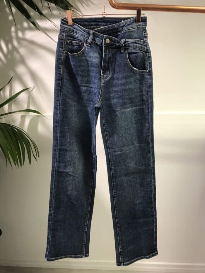 METIS GLAM Pantaloni jeans vita alta a palazzo e chiusura asimmetrica Abbigliamento